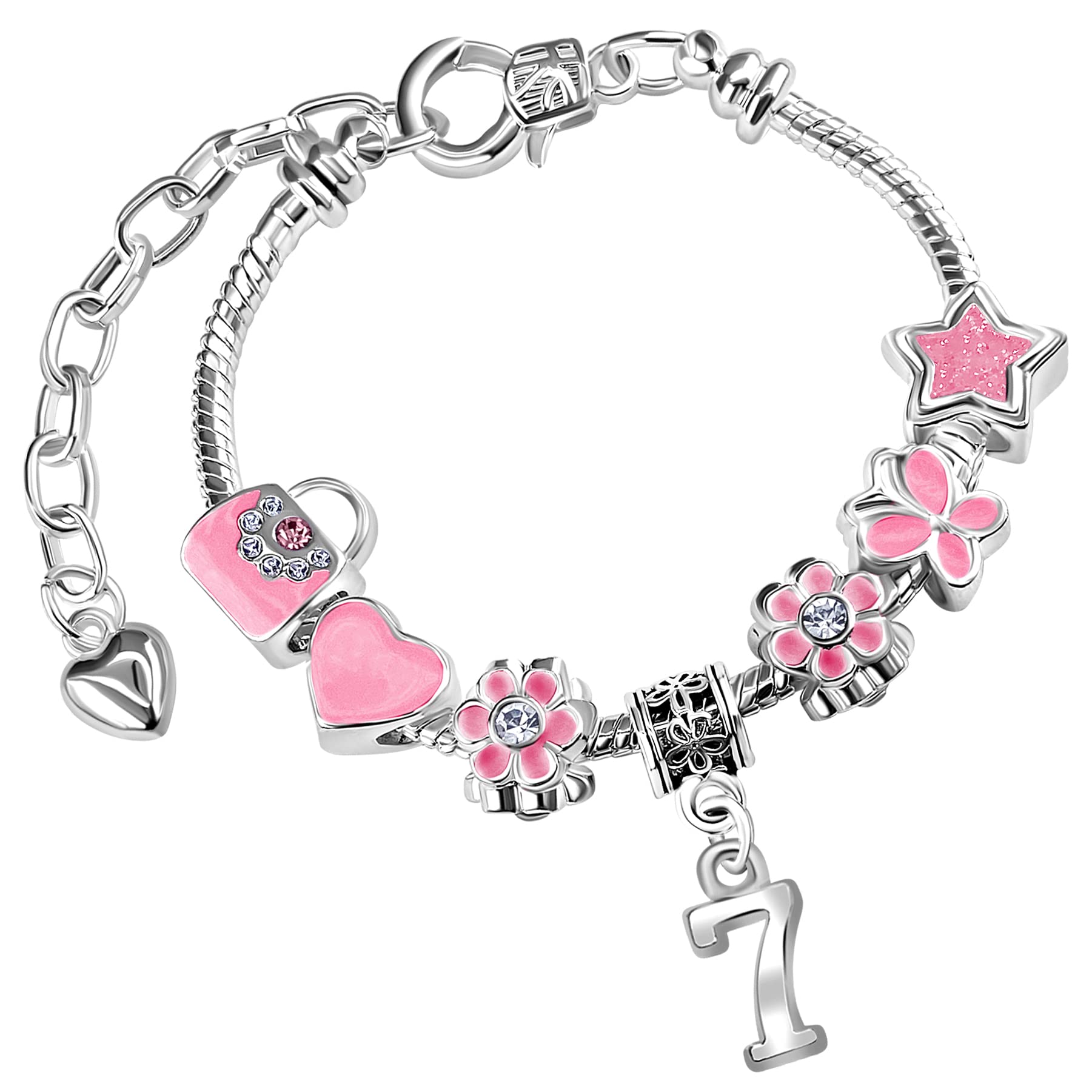 Girls 7th Birthday Sparkly Pink Handbags and Butterflies Silver Plated Adjustable Charm Bracelet with Gift Box 7th Birthday Gifts for Girls Age 7 — image 1