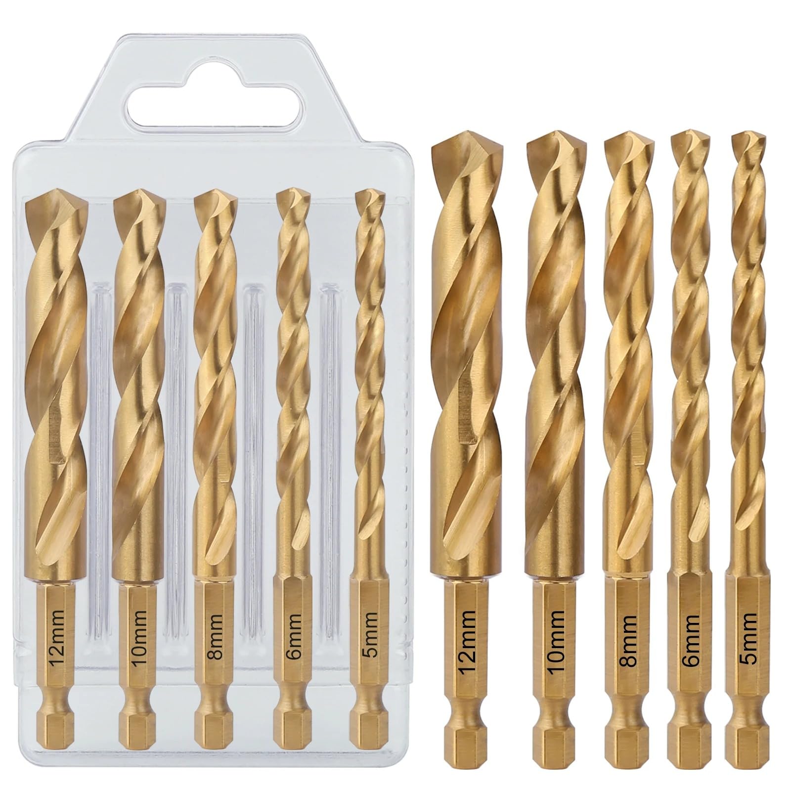 Vearter 5PCS HSS M2 Twist Drill Bit Set, 5/6/8/10/12mm Hex Shank Quick Change Jobber Drill Bit, Titanium Coated Metal Drill Bit for Metal Pipe, Stainless Steel, Wood, Plastic
