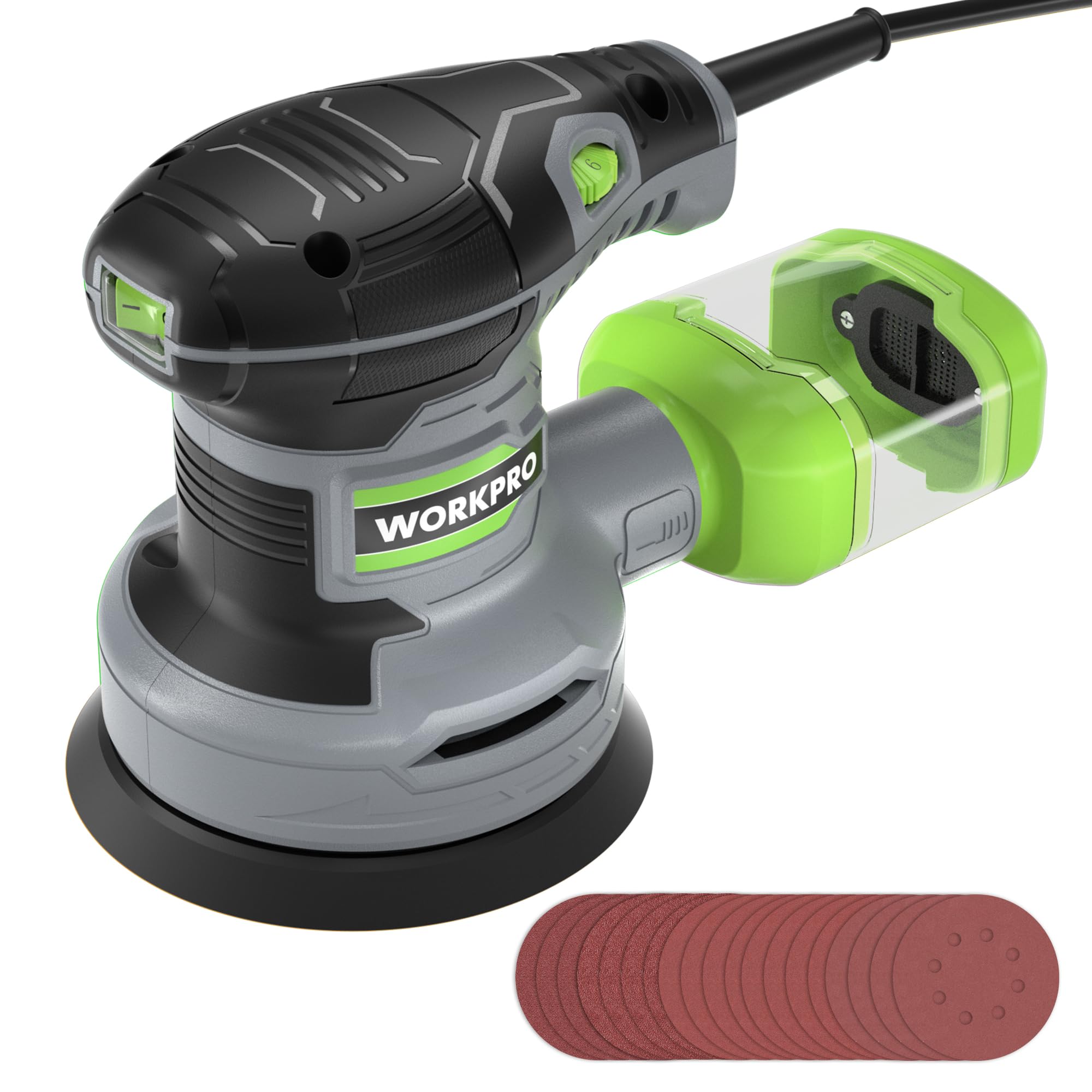 WORKPRO Orbital Sander with 20 Pcs Sandpapers, 300 W 125 mm Random Orbit Sander, 6 Variable Speed 13000 RPM, Electric Sanding Machine with Dust Collection Box, for Sanding, Polishing, Woodworking