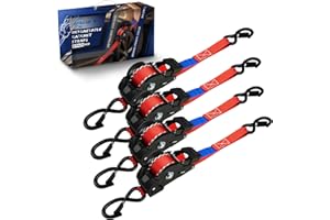ANLU LOAD ANLULOAD Retractable Ratchet Strap(1 in x 9.8 ft),Ratchet Tie Down Strap for Motorcycles, Boats,Atvs,Utvs.W.L.L:700 Lbs/B.S:2,100 Lbs-(4Packs) (Red)