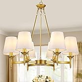 CNRATYE Gold Chandelier with White Shades, 6-Light Modern Farmhouse Chandeliers for Dining Room, Rustic Round Hanging Light F