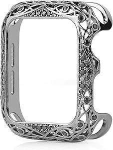 KDYLLT Carved Copper Women Luxury Bumper for Apple Watch Case 44/40mm 42/38mm Diamond Bling Metal Cover for IWatch Series SE/6/5/4/3/2 (Color : 1.Black, Dial Diameter : 38mm)