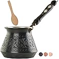 BCS 18 Oz X-Large Copper Turkish Greek Arabic Coffee Pot with Wooden Handle (6 servings) Cezve Briki Ibrik Stovetop Coffee Maker (Includes Wooden Spoon)