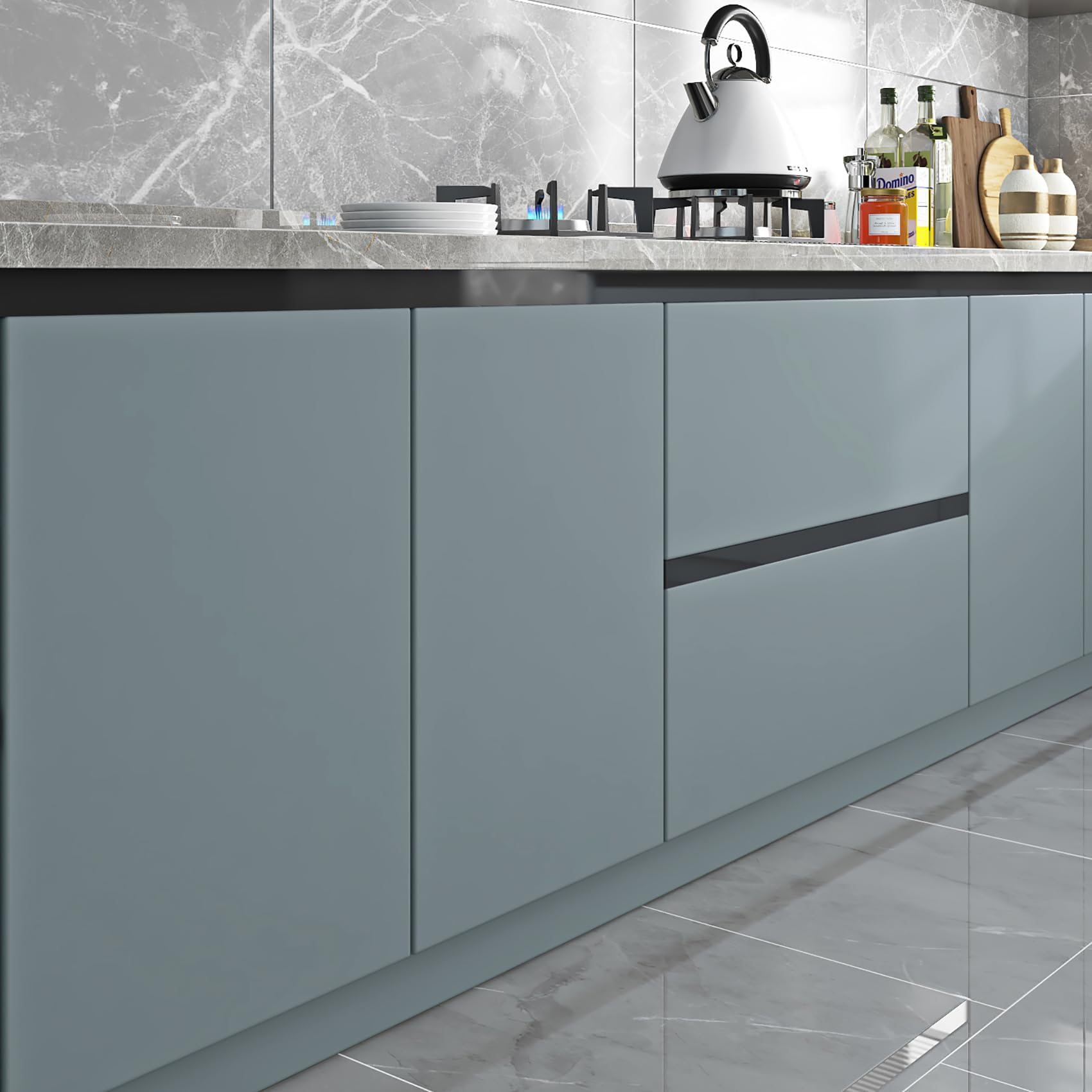 Photo 1 of Livelynine 15.8x197 Blue Peel and Stick Wallpaper Solid Color Kitchen Cabinet Contact Paper Waterproof Self Adhesive Vinyl Shelf Liner Dusty Blue Wall Paper for Bathroom Bedroom Waterproof Removable