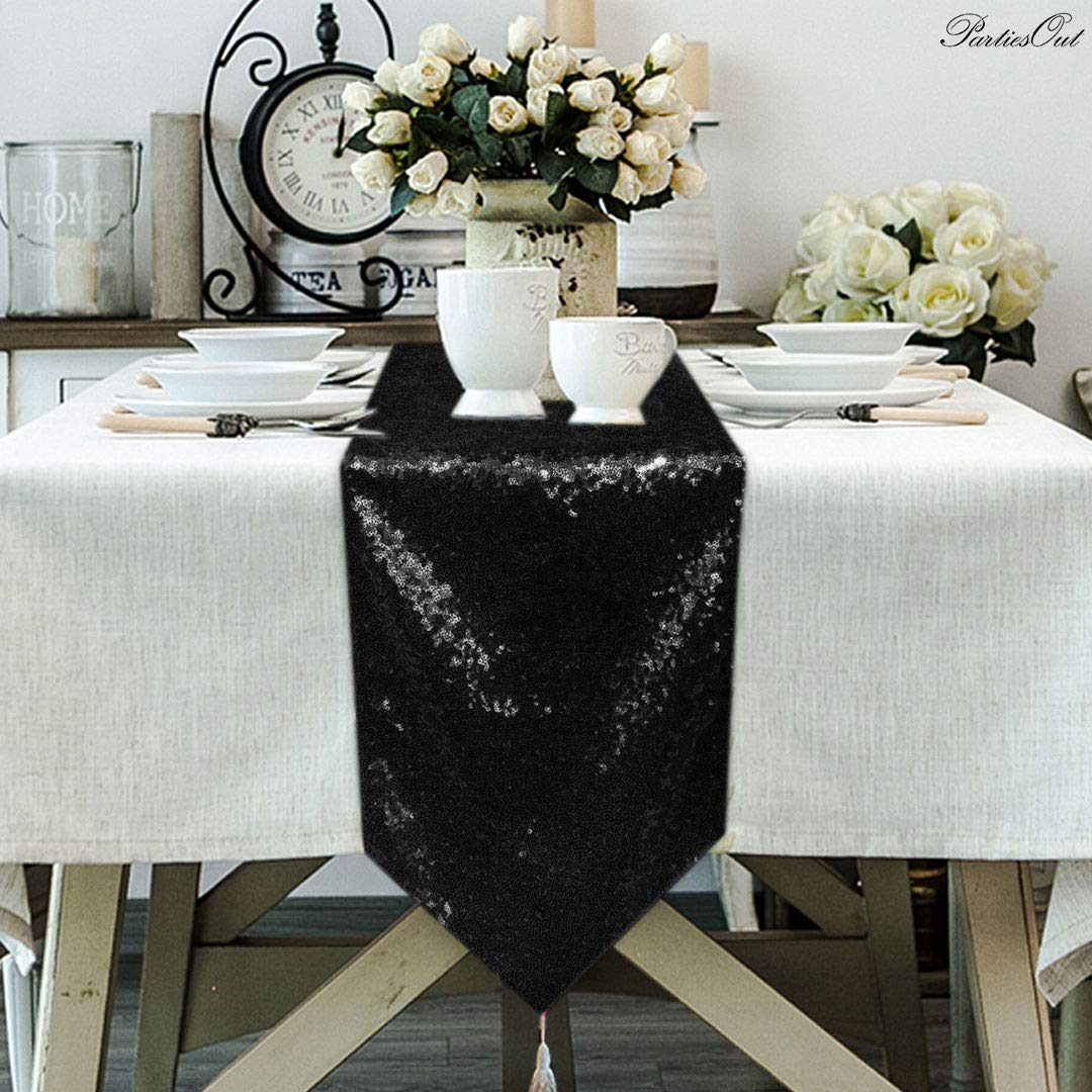 Table Runner Tassel Sequin Table Runner 12x72-Inch Wedding Table Runners Glitter Table Runner Baby Show Decoration Christmas Table Runners Party Table Runners Sequence Table Runner (Black, 12x72-Inch)