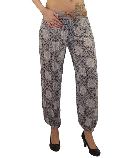 MODA Made in Italy Bequeme Damen Sommerhose Haremshose mit elastischem Bund und Gürtel Pluderhose Strandhose Pumphose Aladinh