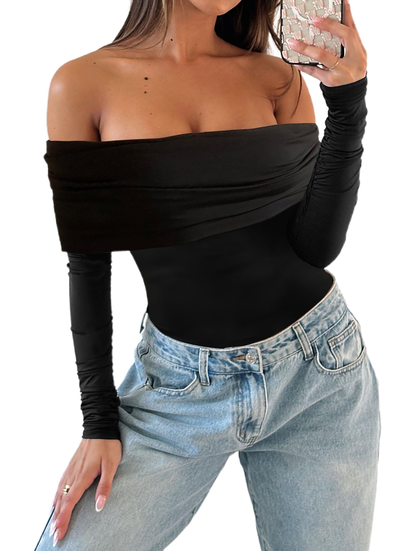 Photo 1 of AGECODE Women's Sexy Off The Shoulder Ruched Layer Long Sleeve Bodysuit Tops Shirts Black Medium