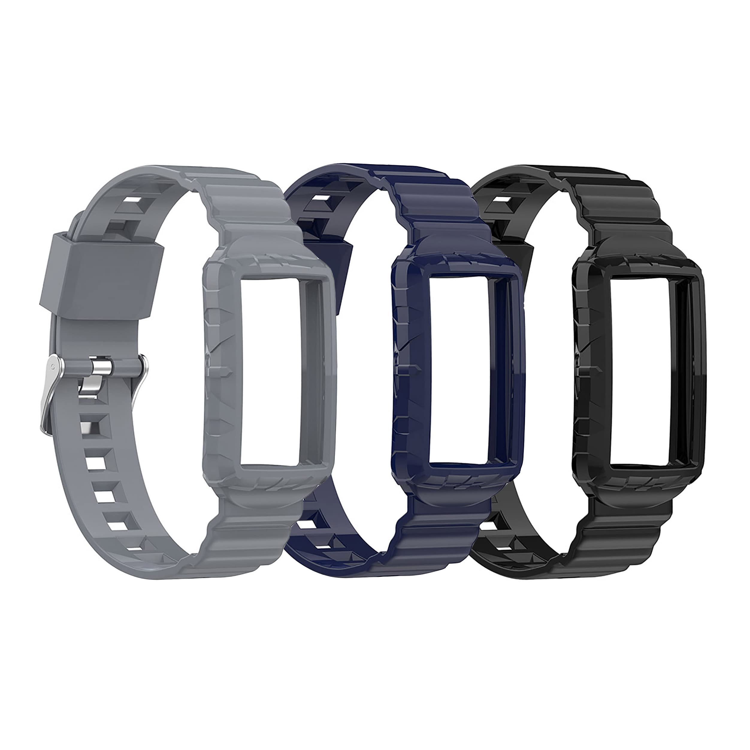 3 Pack Soft Silicone Straps Compatible with Fitbit Charge 5/4/4SE/3/3SE Watch Strap, Replacement Wristbands for Women Men Smartwatch, Gray/Blue/Black — image 1