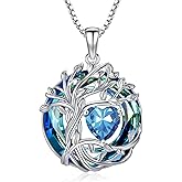 TOUPOP Tree of Life Birthstone Necklace 925 Sterling Silver Pendant Austrian Crystal Jewelry Anniversary Valentine's Day Birthday Gifts for Women Mom Her Wife