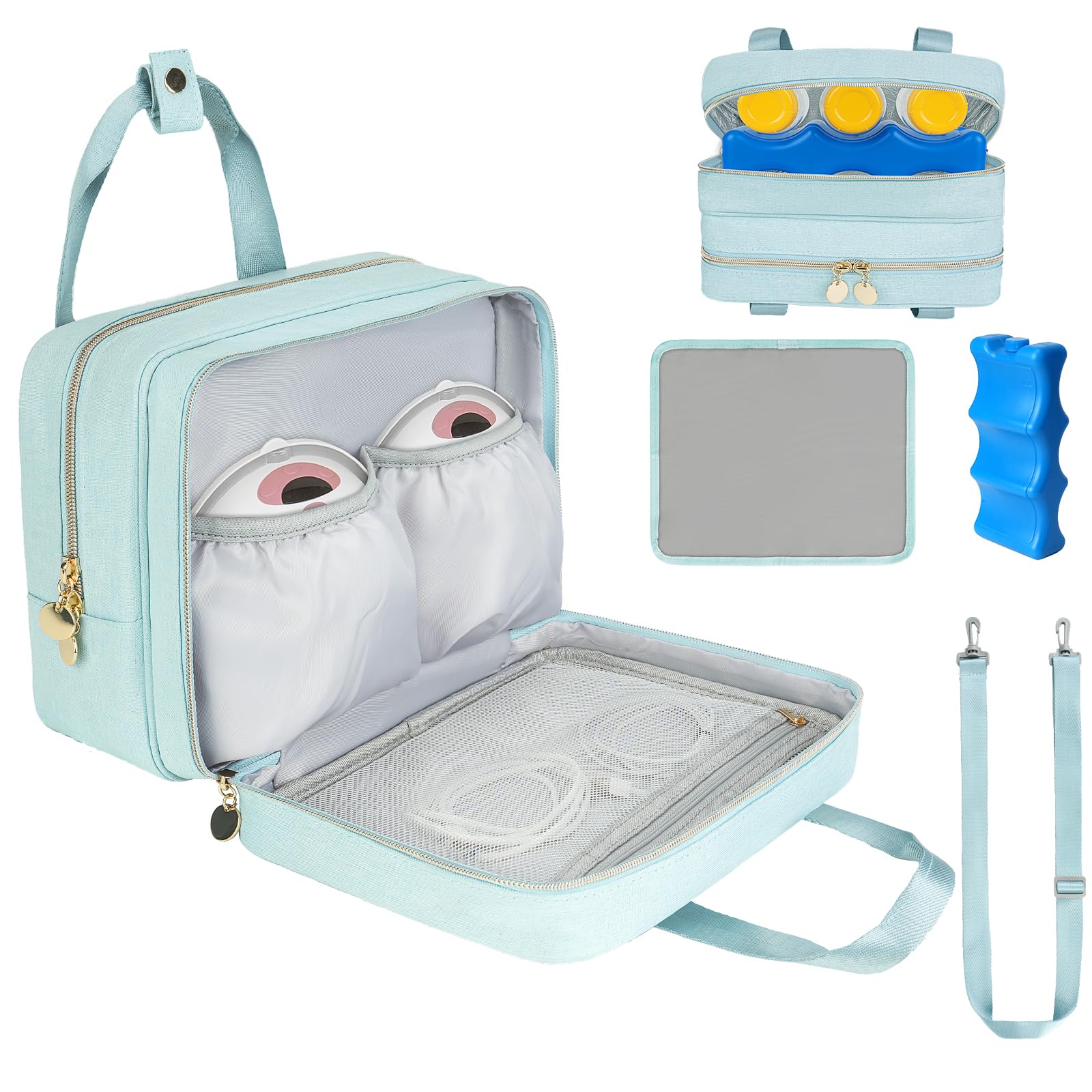 Photo 1 of Jaffzora Wearable Breast Pump Bag with Cooler Compartment,Breast Milk Pump Travel Bag Compatible with Willow,Elvie,Medela Pump&Momcozy M5/S12 Pro, Carrying Case for Pump Parts and Bottles,Blue