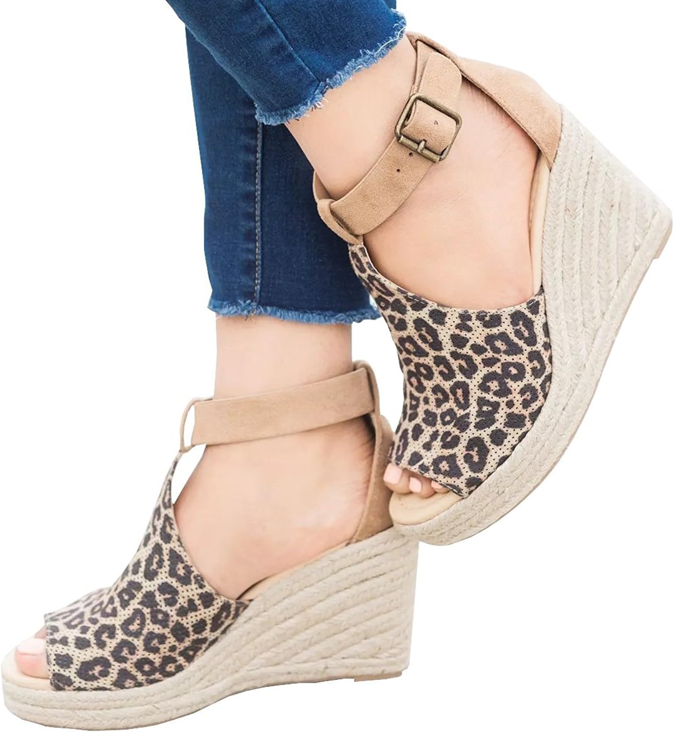 DOTACOKO Womens Wedges Espadrille Braided Sandals Open Toe Ankle Strap High Heel Summer Shoes