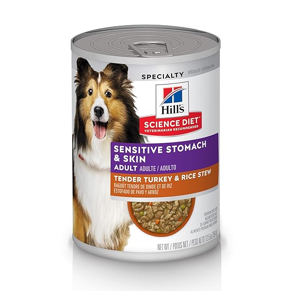 HILL’S SCIENCE DIET WET DOG FOOD, ADULT, SENSITIVE STOMACH & SKIN, TENDER TURKEY & RICE STEW, 12.5 OZ CANS (PACK OF 12)