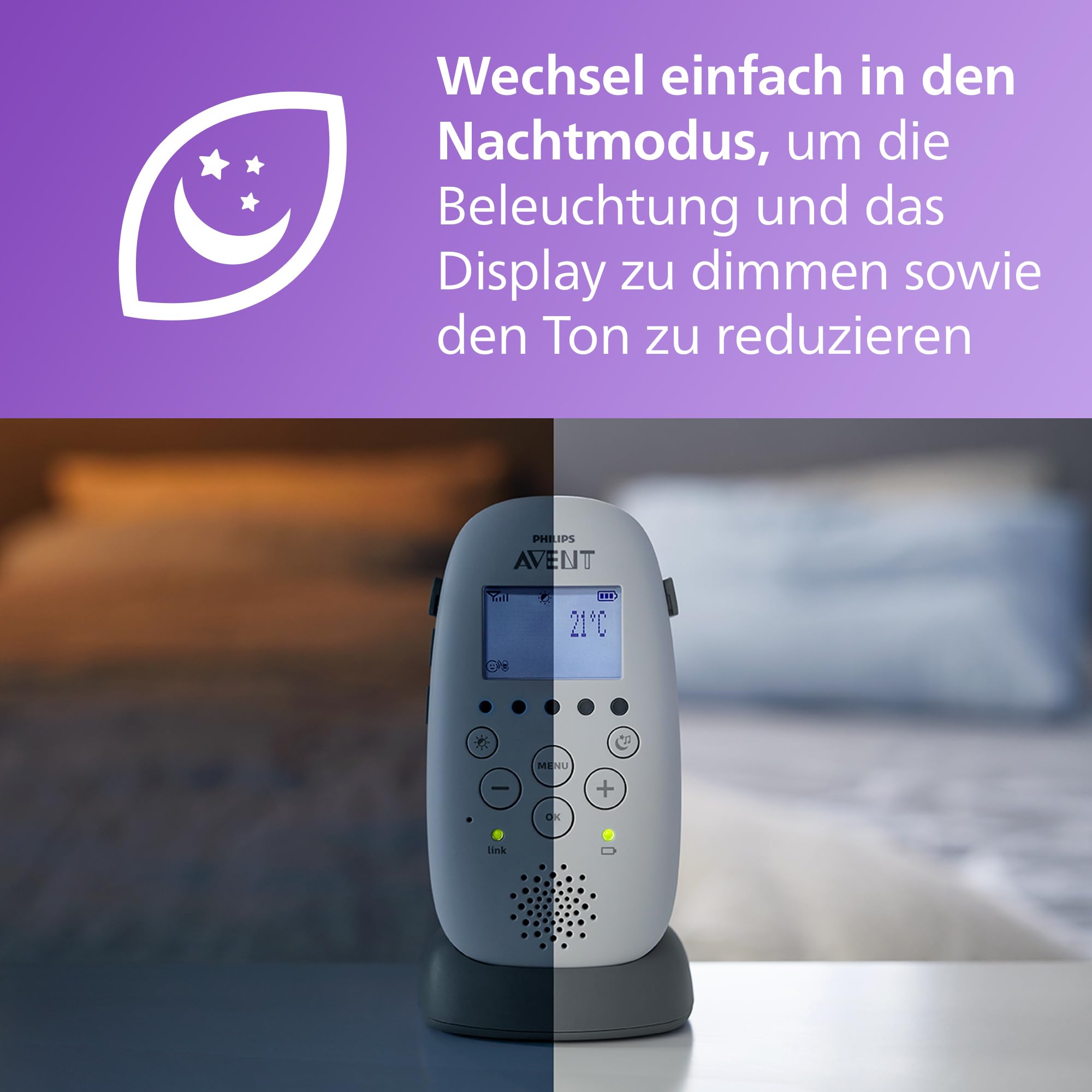 Philips AVENT Audio Babyphone, DECT-Technologie, Eco-Mode, Sternenhimmel, Gegensprechfunktion, Schlaf- und Nachtlieder, 18 Std. Laufzeit, maximale Reichweite, weiß (Modell SCD733/26) 7