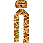 2PCS African Kente Scarf Dashiki Cloth Print Stole Sash and Kufi Hat Sets Perfect for Black History Celebrations Kwanzaa Graduation Sash Stole African Turban Clothes for Men Women