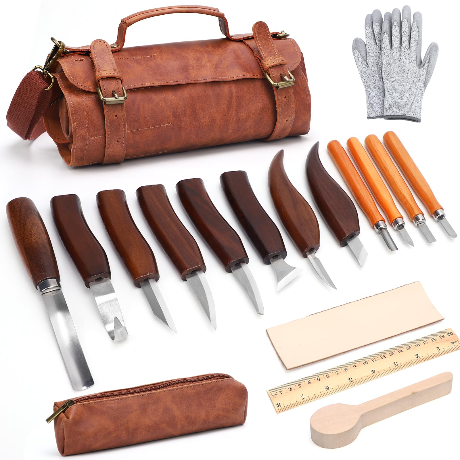 View 1 of ALIESTFDNO Wood Carving Kit, 14Pcs Wood Whittling Kit, Deluxe Wood Carving Tools with 8Pcs Whittling Knives & 4 Detail Carving Knives with PU Leather Storage Bag for Beginners and Enthusiasts