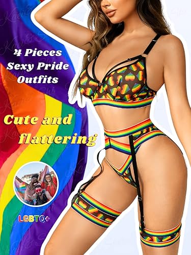 Kaei&Shi Garter Belt Thong Lingerie for Women,Strappy Hollow Out Sexy  Lingerie,Underwire Mesh Sheer Matching 4 Piece Lingerie Set Festival Rave  Outfits LGBTQ Lesbian Pride Month Rainbow Large in Kenya