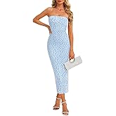 Esooland Women's Jacquard Floral Strapless Bodycon Midi Dress Off Shoulder Tube Beach Wedding Guest Bridal Dresses