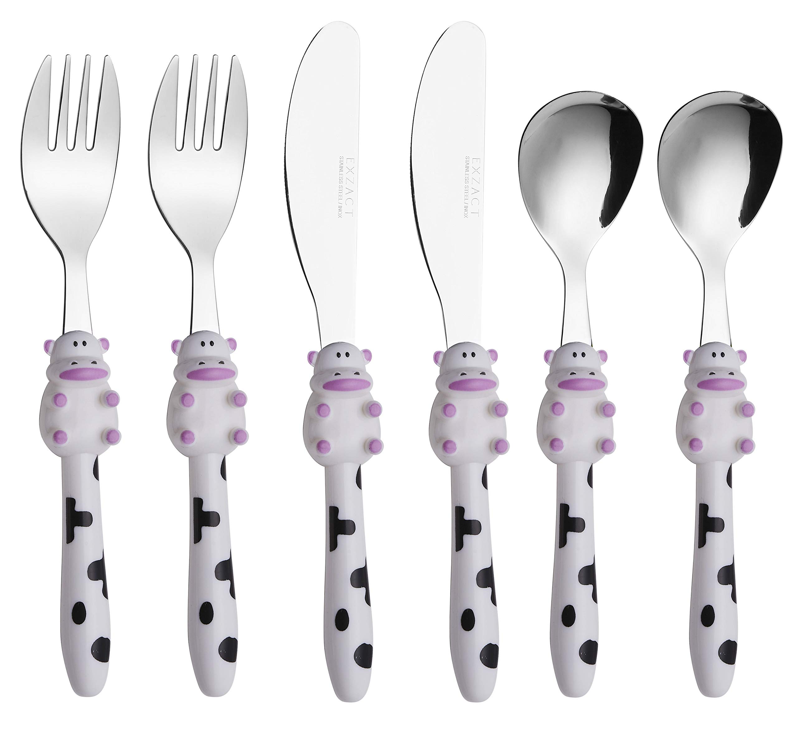 Exzact Children's Cutlery Stainless Steel 6pcs, Kids Toddler Flatware - 2 x Forks, 2 x Knives, 2 x Spoons - Dishwasher Safe, BPA Free, 24 Months + (Cow x 6)