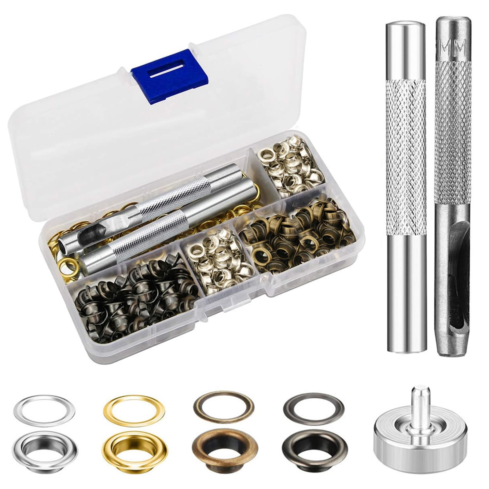 200 Sets Grommets Eyelets Kit Tool, 5mm Eyelets Punch Kit, Copper Grommet Tool Kit, Grommet Set with Hole Punch Tool Fastened Tool Metal Base, Fabric Leather Clothes(Golden Silver Copper Black)