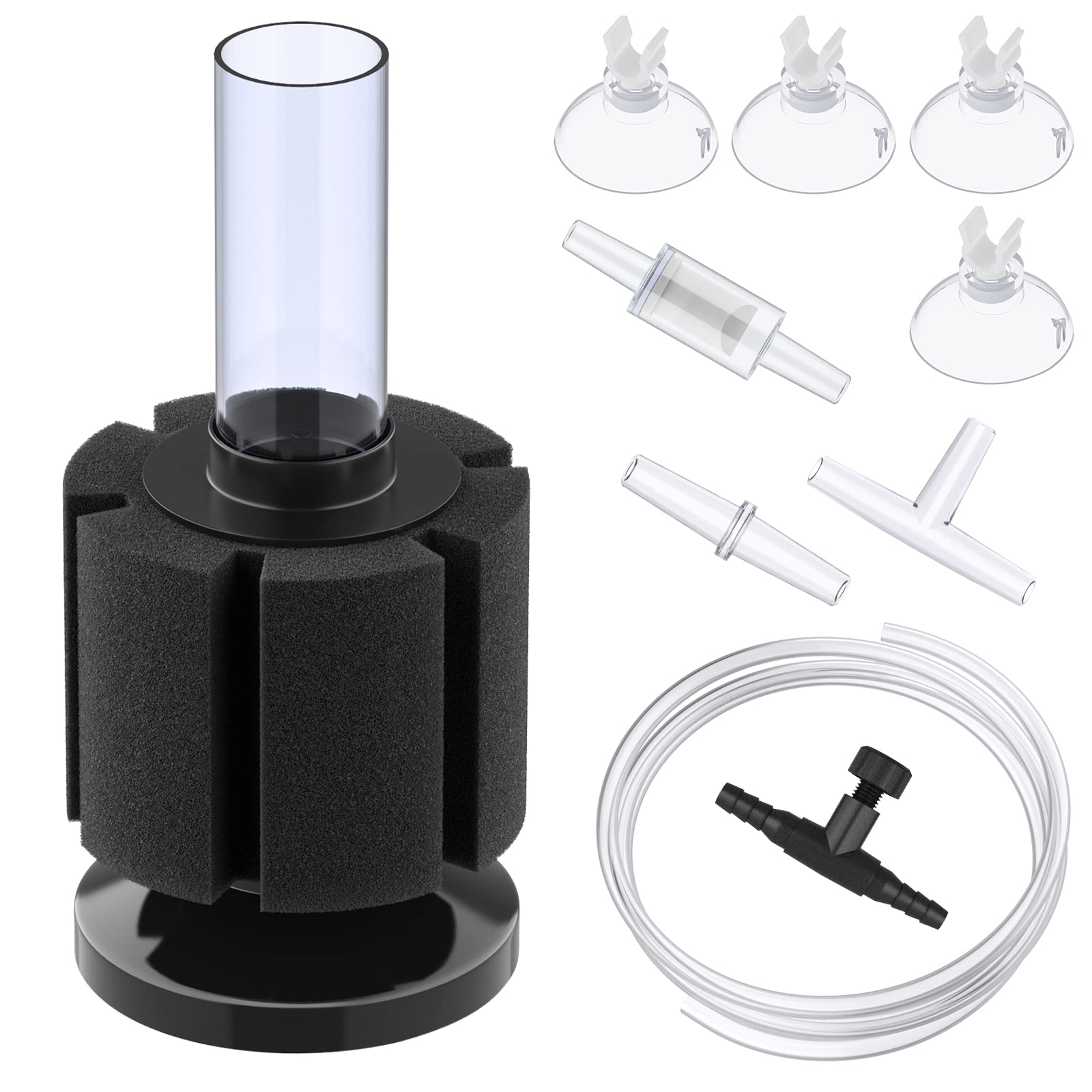 Pawfly Aquarium Nano Bio Sponge Filter Quiet Betta Fry Shrimp and Small Fish Foam Filter with Tubing Suction Cup Check Valve Connector and Control Valve Accessories for Tiny Fish Tank up to 40 Litre