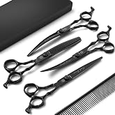 Purple Dragon Dog Grooming Scissors Set - Curved Thinning | Stainless Steel, 7 Inch Black Shears, with Adjustable Screw, for Dogs and Cats
