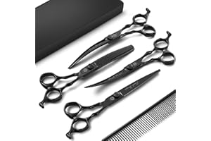Purple Dragon Dog Grooming Scissors Set - Curved Thinning, Straight, Up & Down Curved Scissors and Comb, 7 Inch Black Shears with Adjustable Screw for Dogs and Cats