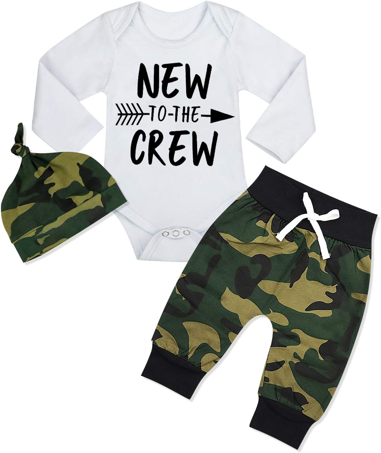 Newborn Baby Boy Clothes New to The Crew Letter Print Romper+Long Pants+Hat 3PCS Outfits Set