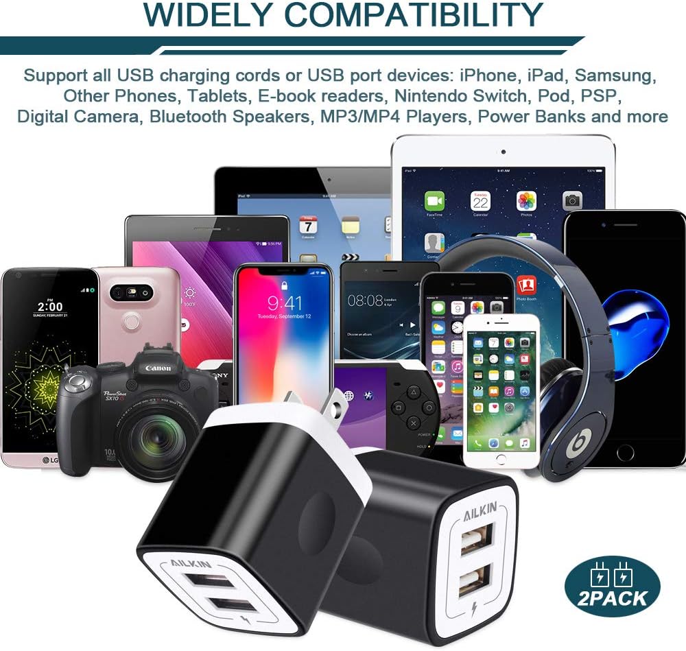 USB Wall Charger, Charger Block, Ailkin 2.1A Multiport Fast Charge Power Brick Cube Replacement for iPad, iPhone, iPod, Samsung Galaxy, Huawei, HTC, LG, Nokia or Other Cell Phone Smart Devices
