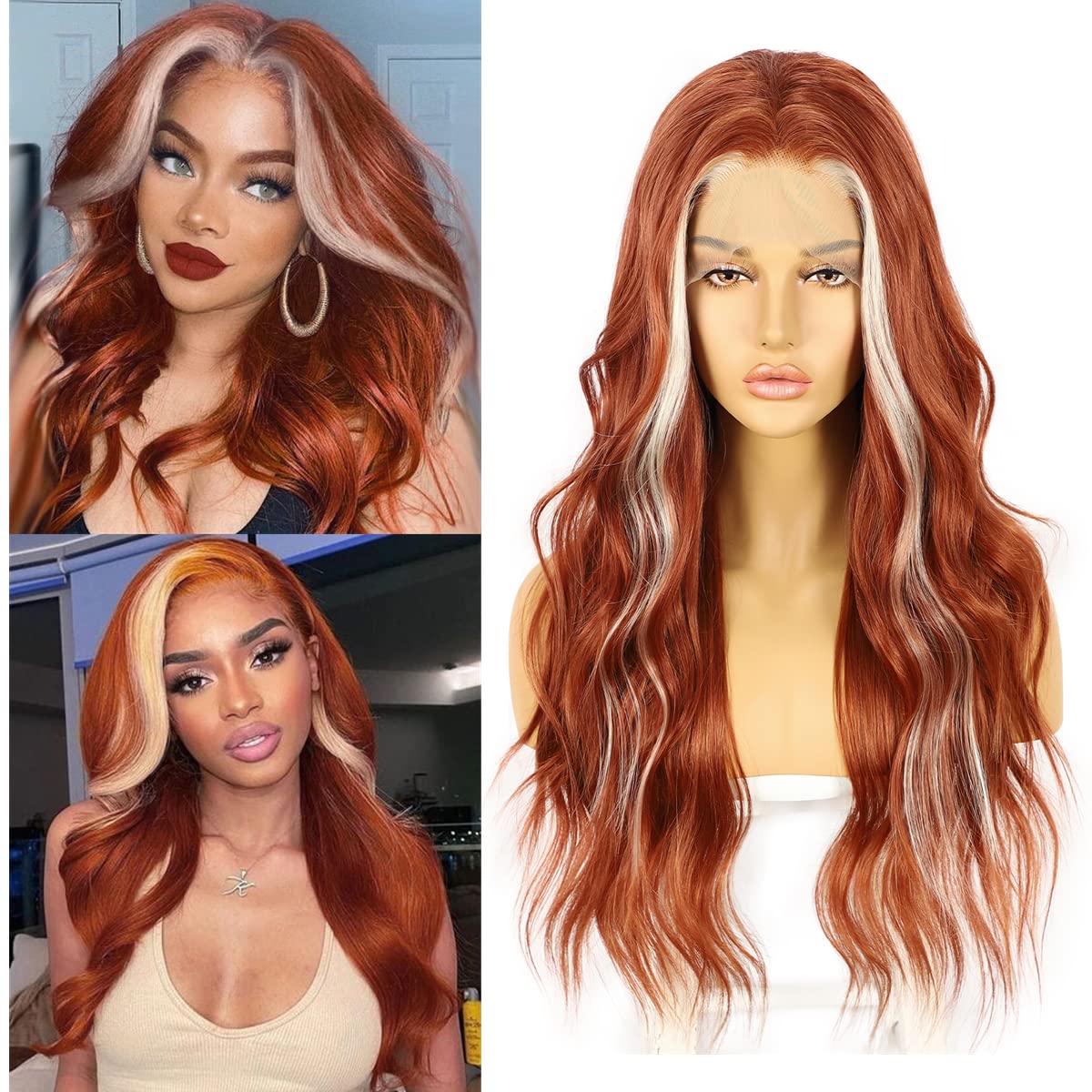 Sapphirewigs Copper Red Body Wave Lace Front Wig Highlight Synthetic Wigs for Women 13x3 Cosplay Party Daily Wear Halloween Heat Resistant 24 inch