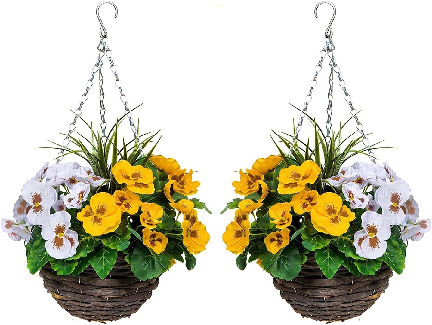 2 x Artificial Hanging Baskets with Yellow & White Flowers and