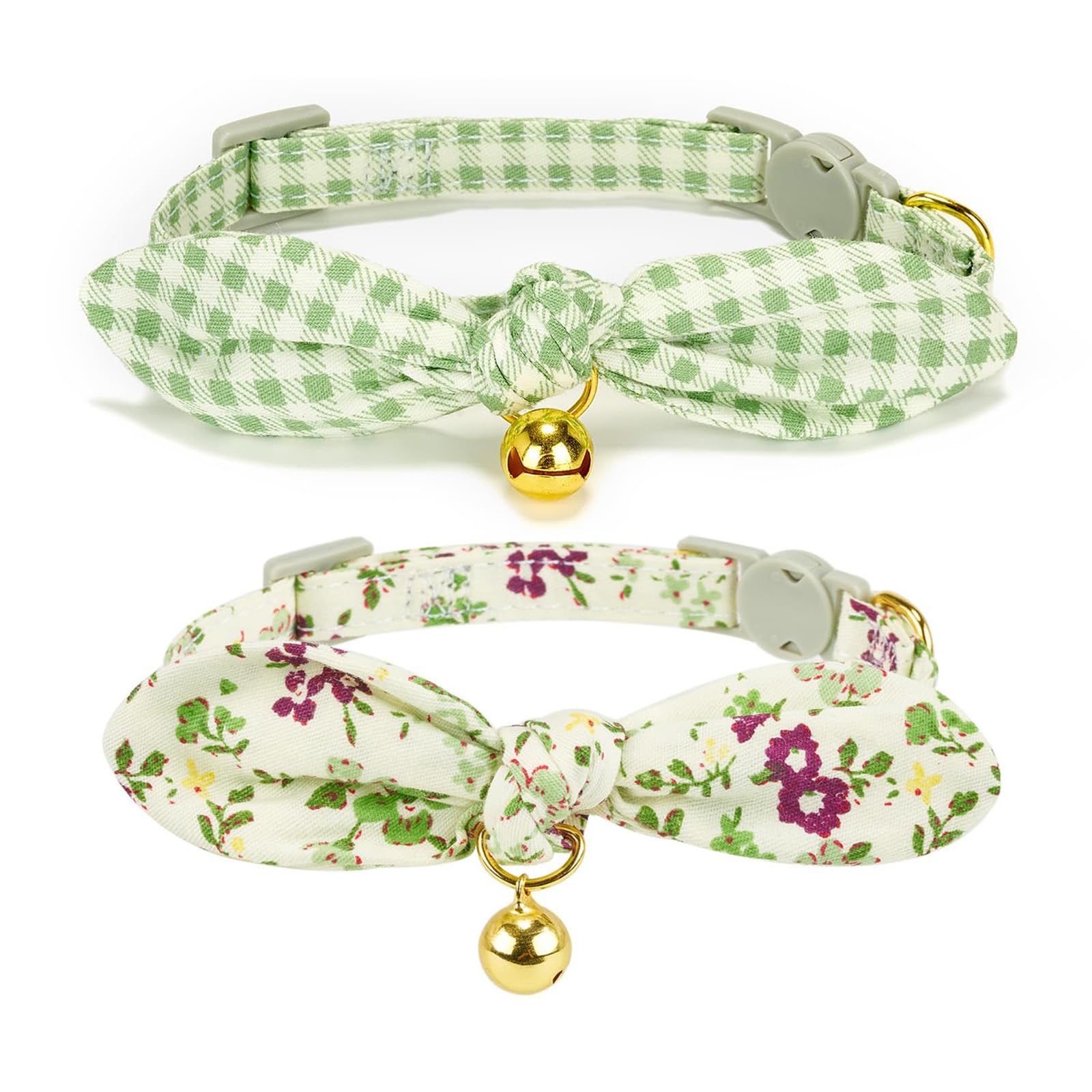 Petiry Cat Collar with Detachable Bowtie and Gold Bells,Breakaway Adjustable Kitten Collar,Floral and Plaid Design,Green,Pack of 2 — image 1