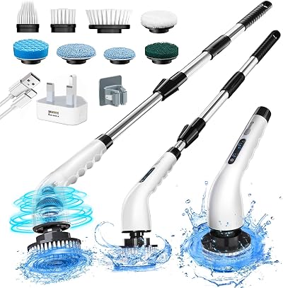 Aken Electric Spin Scrubber Cordless 8 Brush Heads Extension Handle 2 Speeds