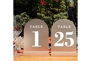 ORGANTEAM Wedding Table Numbers 1-25, Acrylic Arch Signs with Natural Wood Stands Holders, Rustic Table Decor for Reception & Parties (Frosted White)