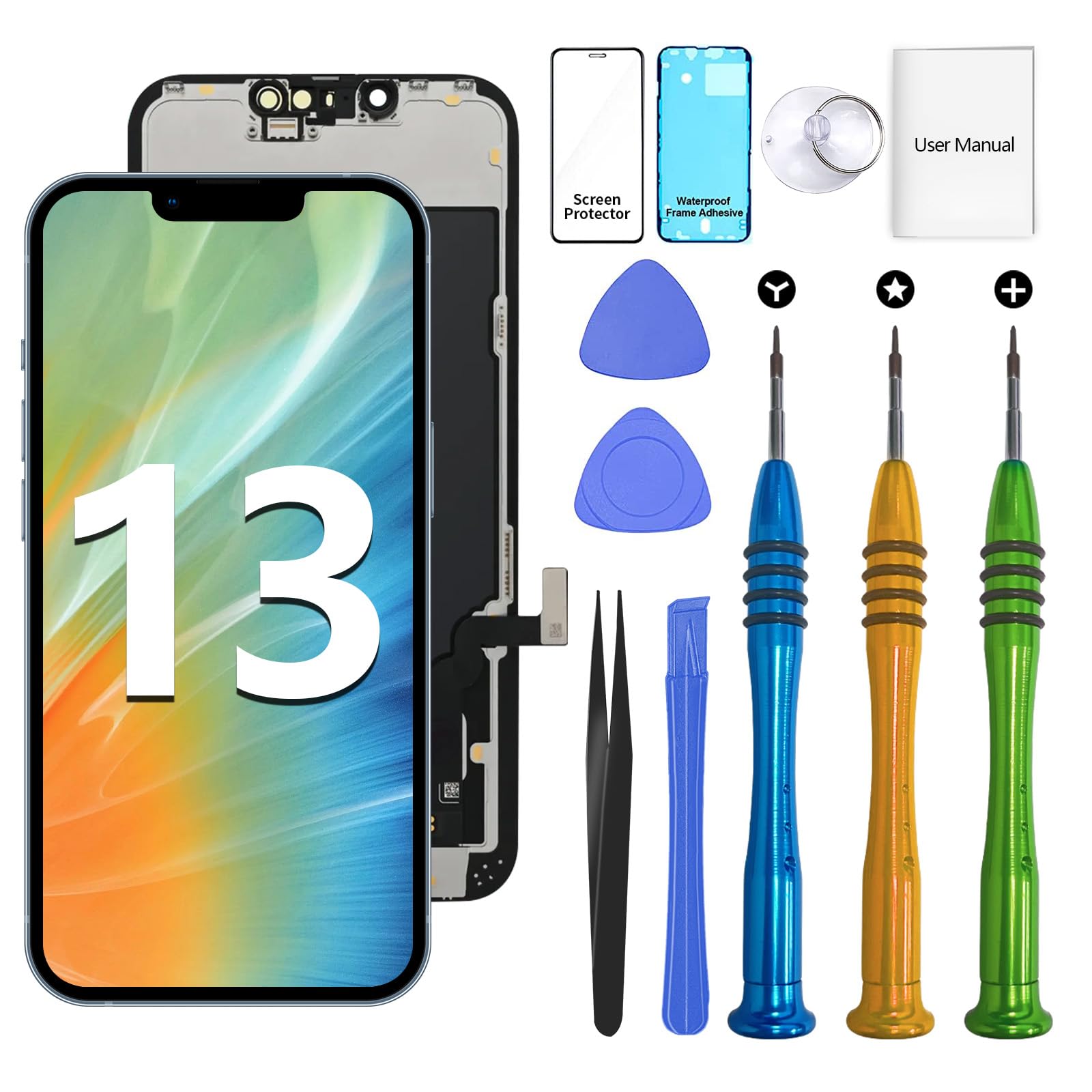 for iPhone 13 Screen Replacement Kit 6.1" LCD Screen with 3D Touch FHD COF Full Assembly/Digitizer with Repair Tools Screen Protector Waterproof Frame Sticker for A2633/A2482/A2631/A2634/A2635