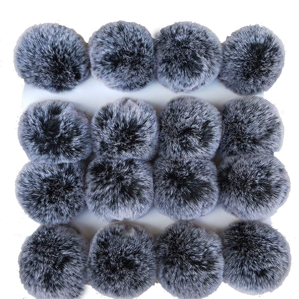 Xsclpomddy 16pcs DIY Pom Pom Balls artificial fur Pompoms Key Ring for Scarves Gloves Knitting Hats,Bags, Keychains,black gray