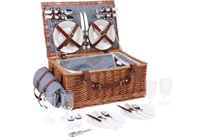 Hand-Woven Wicker Picnic Basket for 4, with Insulated Cooler Bag, Tableware Sets and Waterproof Picnic Blanket