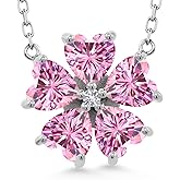 925 Sterling Silver Gemstone Birthstone and White Created Sapphire Flower Pendant Necklace for Women | Heart Shape 6MM Petals and Round 2MM Center | With 18 Inch Chain | Fine Jewelry for Her Mom Wife