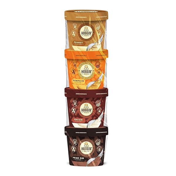 HOGGIN DOGS ICE CREAM MIX – ADD WATER AND FREEZE, ALL NATURAL, NO SUGAR ADDED, MADE IN USA BY PUPPY CAKE 4 PACK PUMPKIN, BACON, PRIME RIB AND PEANUT FLAVORS, 2.32 OZ X 4
