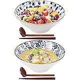 Ceramic Large Ramen Bowls Set, Porcelain Multi Purpose Bowl for Soup, Noodle, Pho, Udon and Soba with Matching Spoons and Cho