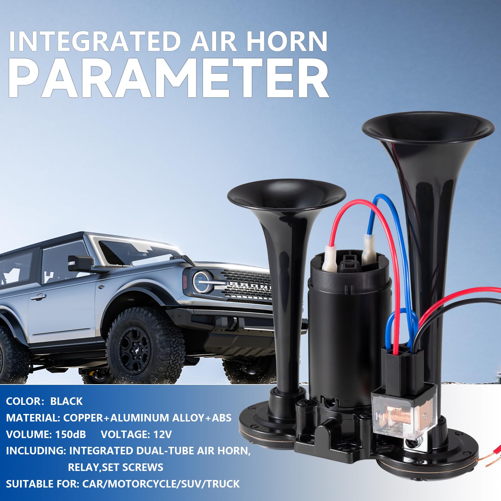 12V 150DB Air Horn for Truck for Train, Car Horns Loud with Compressor for Truck Boat Train Speaker Cars Van Ship (Black)