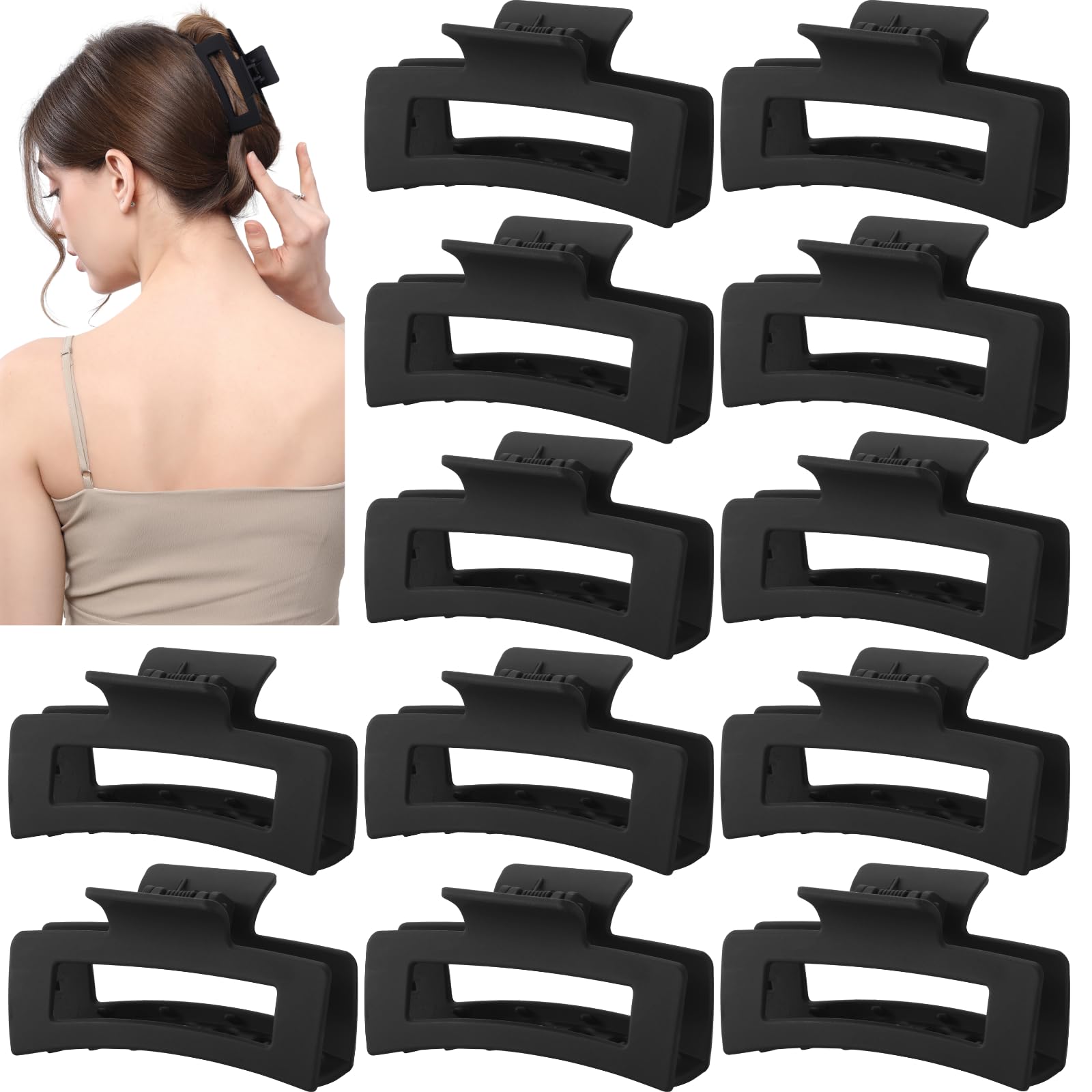 Photo 1 of 12 Pcs Medium Black Hair Claw Clips for Women, 3.5 Inch Matte Square Jaw Clips, Strong Hold & Non-Slip Hair Accessories for Thick and Thin Hair