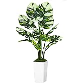 UPBUD 5FT Artificial Monstera Plant with Tall White Planter and Thread Moss, Realistic Faux Floor Tree with Large White Leaves for Indoor Outdoor Office Porch Living Room Corner Home Decor