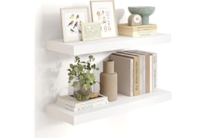 Heimlove 24 inch Floating Shelves for Wall,9.3 inch deep White Wood Shelves with Invisible Brackets,Wall Mounted Storage & Display Shelves for Bedroom,Living Room,Set of 2