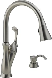 Delta Faucet Arabella Single-Handle Kitchen Sink Faucet with Pull Down Sprayer, Soap Dispenser and Magnetic Docking Spray Head, Stainless 19950-SSSD-DST