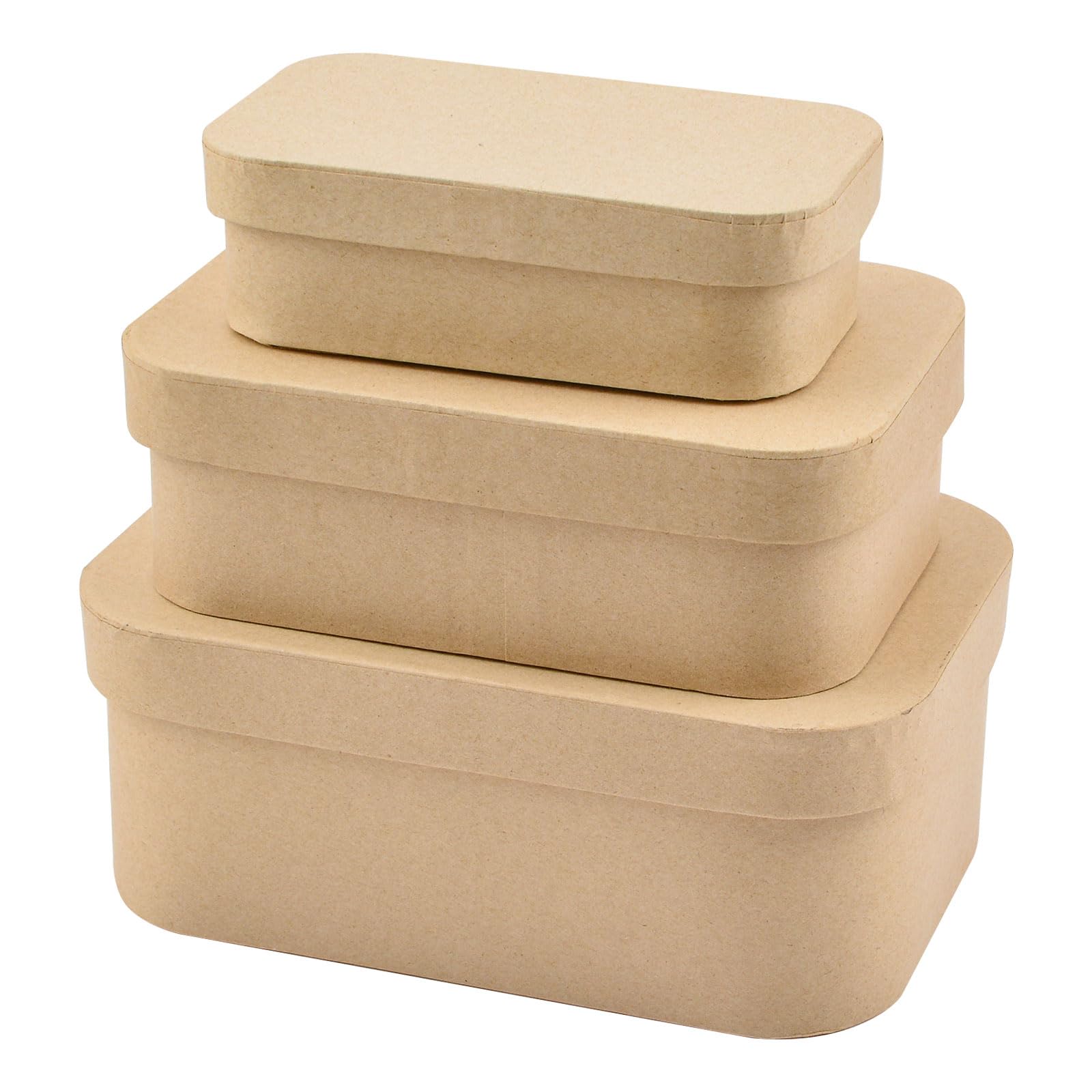 WANDIC Paper Mache Box, Set of 3 Square Paper Mache Hat Boxes Kraft Paper Containers with Lids Ideal for Painting Crafting & Storage Accessories Cosmetics Jewelry Gifts