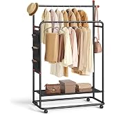SONGMICS HOME Double-Rod Clothes Rack, on Wheels, Storage Bag | Portable Garment Rack, 2 Hanging Rails, Fabric Shelf, Matchstick-Shaped Hooks, Ink Black, ZINA Collection UHSR171B01