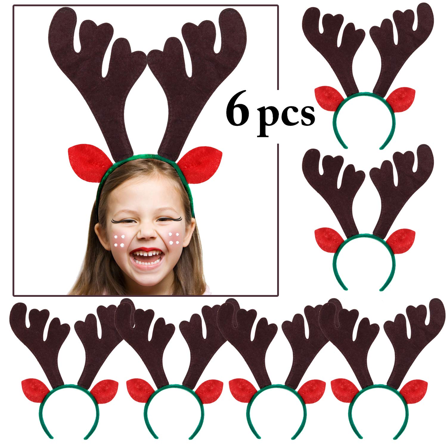 Reindeer Antlers Headband, Fascigrl 6Pcs Christmas Easter Holiday Party Hairhoops Gifts for Adult Girls Kids (Coffee reindeer with green hairband)