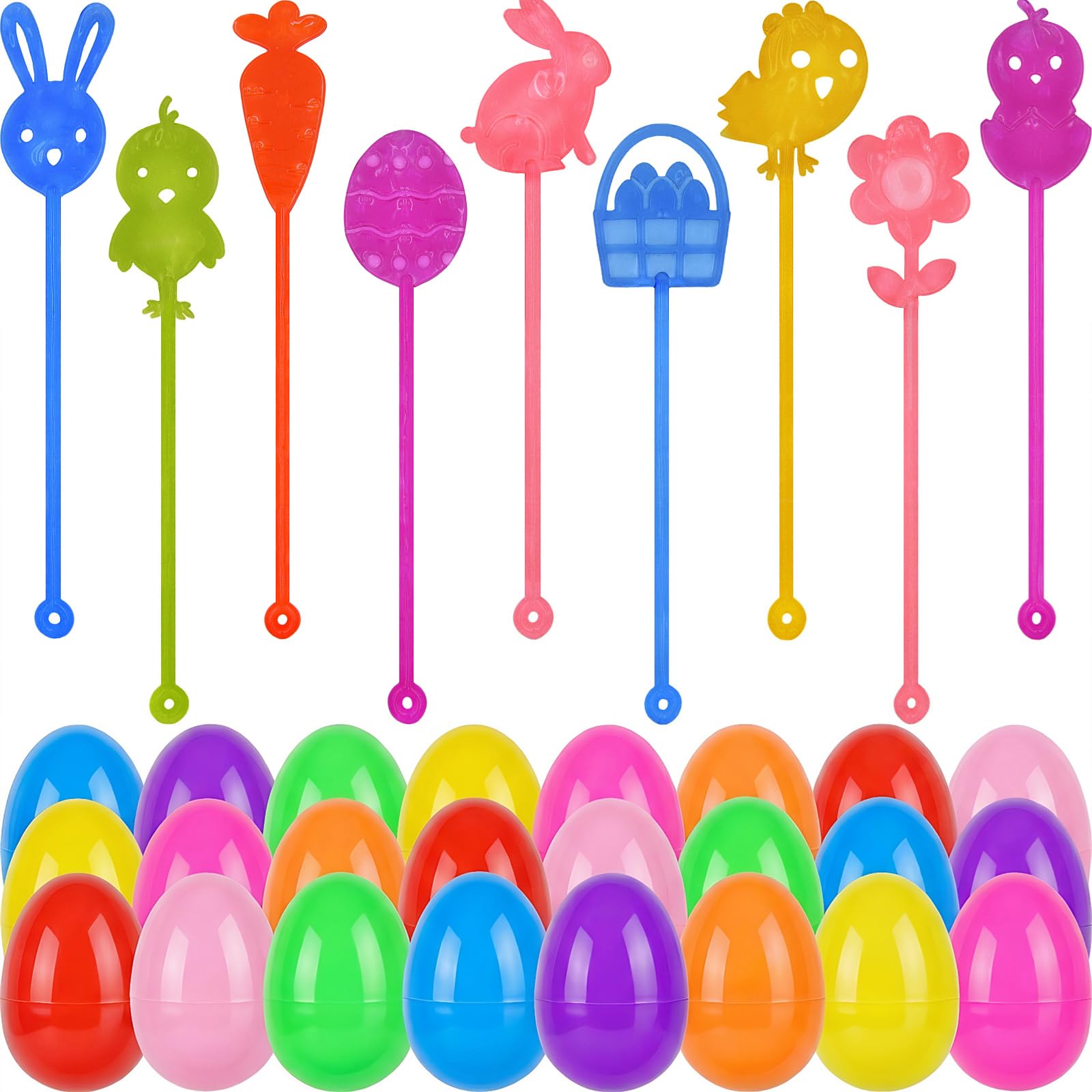 Howzcci 24 Pack Easter Sticky Hands Toys with 24 Pcs Plastic Easter Eggs, Easter Bunny Egg Chick Carrot Flower Basket Sticky Stretchy Toys for Kids Girls Boys Easter Basket Stuffers Party Favors Gifts