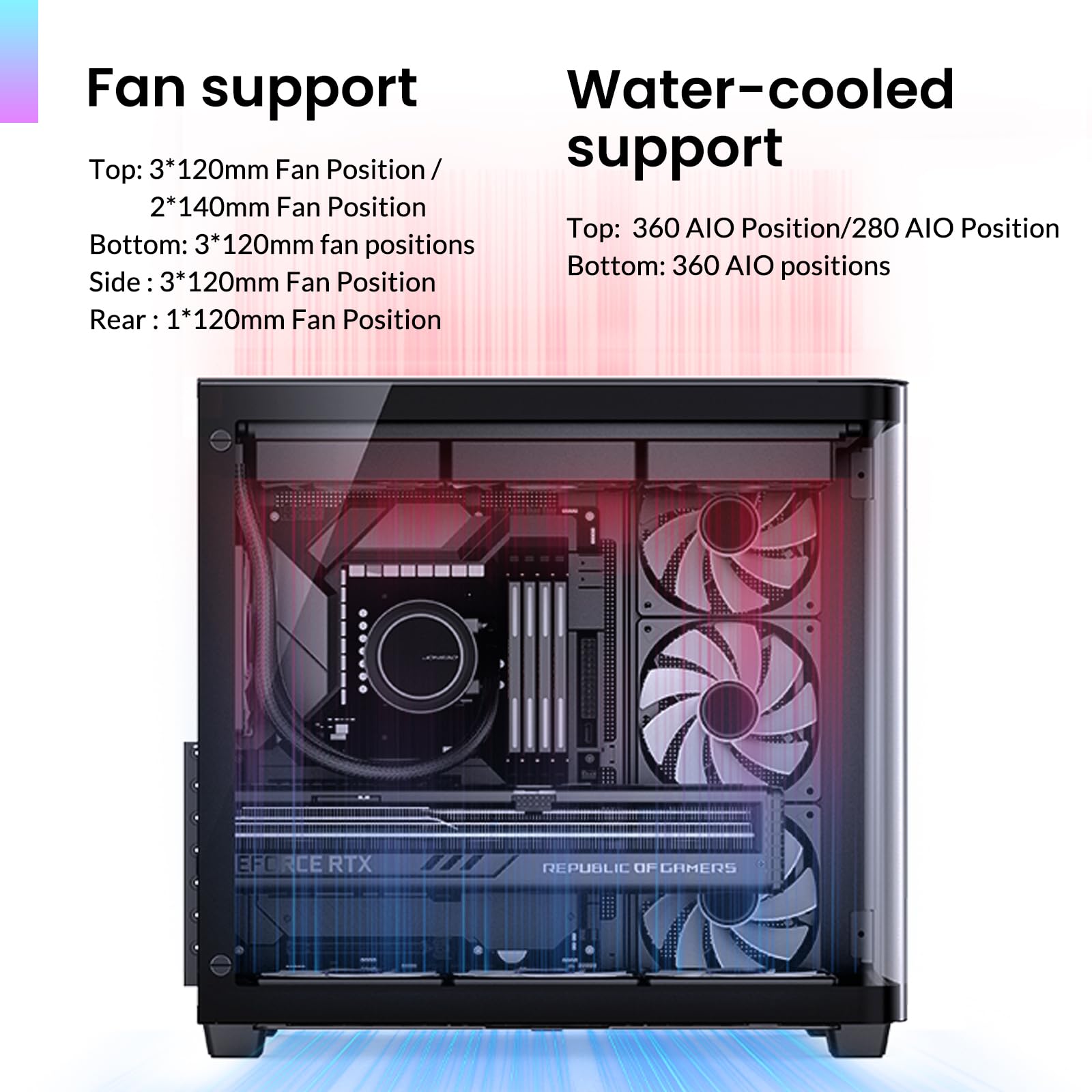 JONSBO TK-3 Black One-Piece Curved Glass ATX Mid Tower Pc Case, One-Piece Curved Glass, SP BTF MB/Dual 360 AIO/ATX PSU/40Series GPU, with 10 Fan Positions, 270 Degree Side View Display,Black Chassis