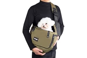 NATUYA Dog Sling Puppy Carrier for Small Dogs with Openable Front Breathable Mesh, Hands Free Pet Sling Travel Bag Adjustable Padded Strap Pockets Large Space for Pet Outdoor Hiking (Green,6-15lb)